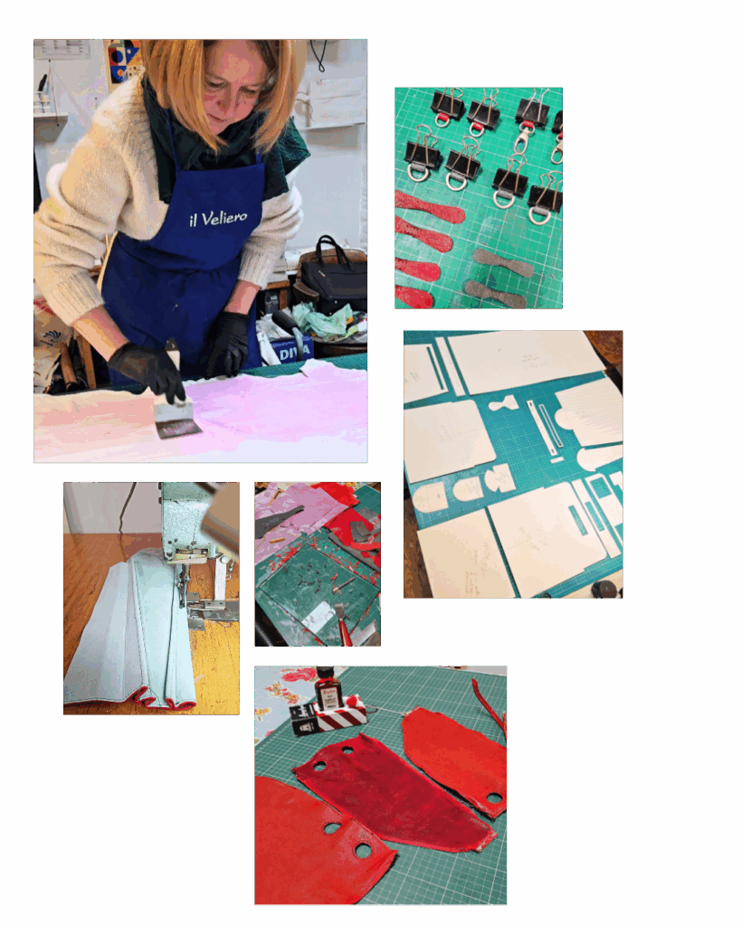 An Vandenberk aan het werk. Tas op maat in de maak. Ambachtelijk werk.